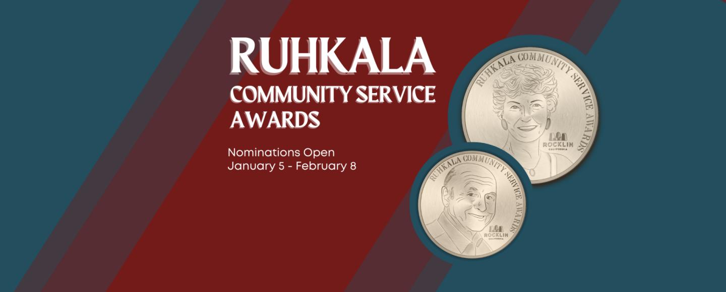 A maroon graphic with text in white reading "Ruhkala Community Service Awards: Nominations open January 5 - February 8." Next to the text is an illustration of commemorative coins depicting Roy and Peggy Ruhkala.