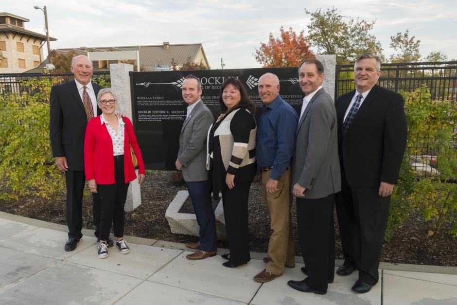Hank Lohse, Rocklin Historical Society President, and his wife Nancy stand with Rocklin Mayor Joe Patterson, Councilmember Jill Gayaldo, Vice-Mayor Greg Janda, Councilmember Ken Broadway, and Councilmember Bill Halldin at the unveiling of the Wall of Recognition.