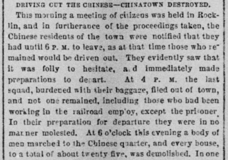 A clip of an 1877 Sacramento Daily Union story describing how Rocklin drove out its Chinese population