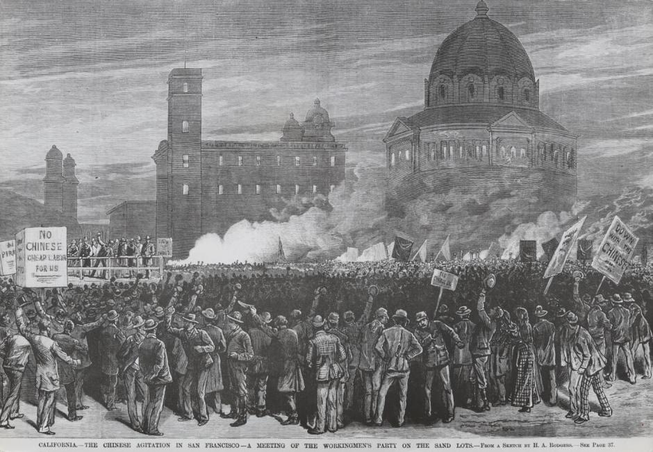 An illustration of a riot in San Francisco in 1877, with people holding up Anti-Chinese protest signs