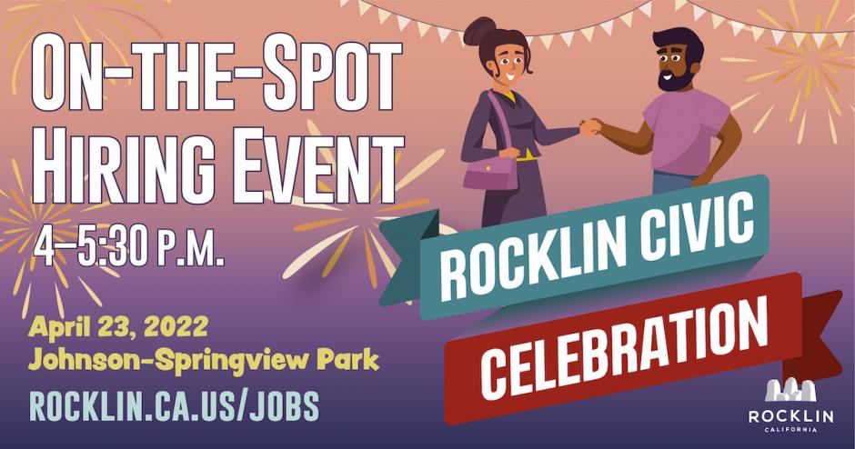 A vector graphic listing information about Rocklin's hiring event: The hiring event aims to fill numerous part-time, seasonal positions in the Parks and Recreation and Public Services departments on April 23 at Johnson-Springview Park from 4 p.m. to 5:30 p.m.