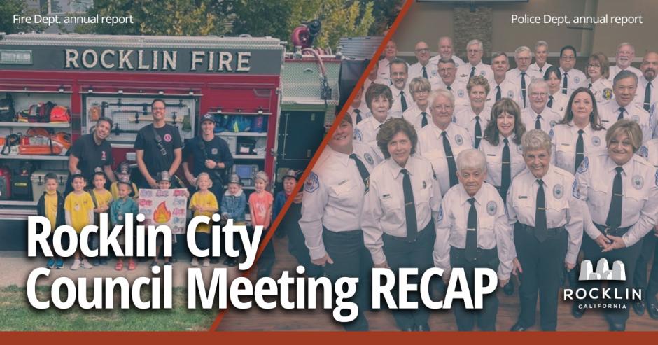 March 22 City Council Recap Graphic showing images of Rocklin's Fire public outreach and Rocklin PD volutneers.