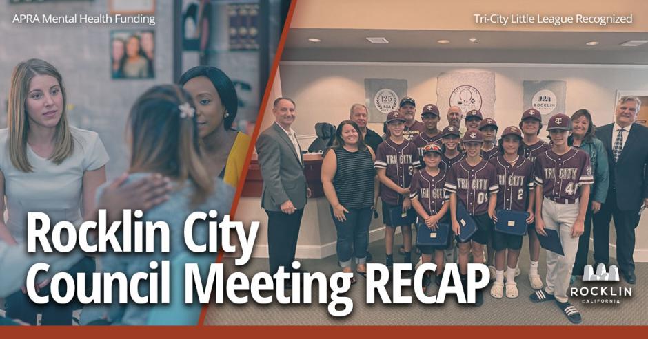 A montage showing Rocklin's Tri-City Little League Majors All-Stars posing for a photo at the Rocklin City Council and an image of a mental health therapist assisting patients to illustrate Rocklin's commitment to use American Rescue Plan Act Funds for mental health services.