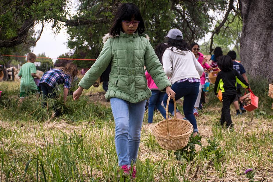 Child carrying a basket to collect easter eggs.