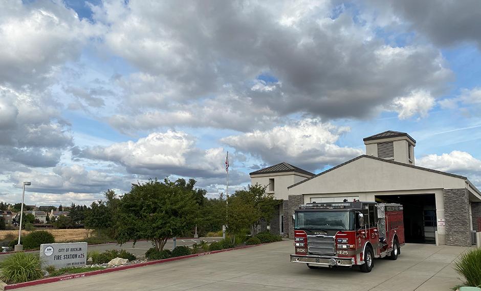 A firetruck located outside Fire Station 25 at 2001 Wildcat Blvd. in Rocklin, CA