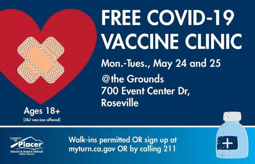 Graphic informing people of evening COVID-19 clinics May 24 and 25 from 4:30 p.m. to 7 p.m. in Roseville. 
