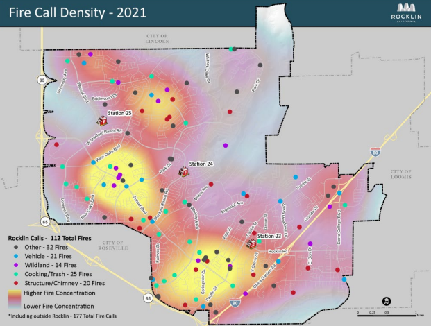 A heat map showing where the Rocklin Fire Department responded to calls in 2021. 