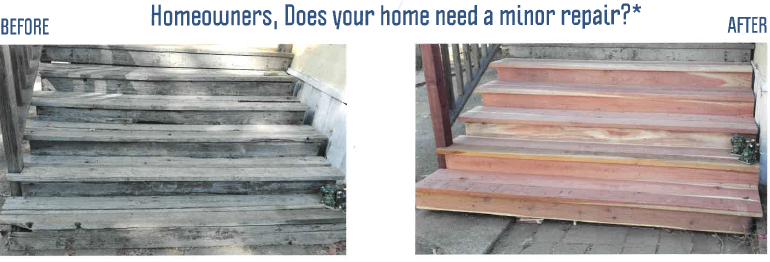 A before and after comparison of a set of stairs, showing the improvement of the stairs with new wood