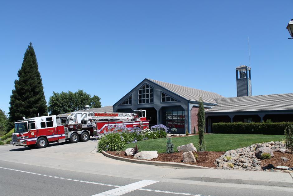 A firetruck located outside Fire Station 24 at 3401 Crest Dr. in Rocklin, CA