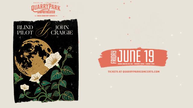 Blind Pilot and John Craigie concert poster for Quarry Park Amphitheatre in Rocklin, California featuring an artistic illustration on a cream and coral background. Center displays a large gold moon with white morning glory flowers and green heart-shaped leaves climbing up the right side, with a green luna moth on the left. Top text reads "Quarry Park Amphitheater 2026 Concert Series" in coral. Artist names "Blind Pilot" and "John Craigie" appear in white serif text at top of the black textured central area, separated by a gold ampersand. Bottom section shows "Friday June 19, 4000 Rocklin Rd, Doors 6PM / Show 7PM" on a coral brushstroke banner. Footer reads "Tickets at quarryparkconcerts.com" in coral text against the cream background with scattered stars.