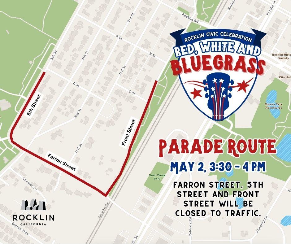 Below the header, a street map of downtown Rocklin shows the parade route outlined in a bold red line. The route begins on Front Street, turns onto Farron Street, and follows the road as it bends onto 5th Street, concluding at Johnson-Springview Park, which is labeled on the left side of the map. A text overlay on the map reads "Farron Street, 5th Street and Front Street will be closed to traffic." Additional landmarks visible on the map include the Rocklin Community Center, Rocklin Train Station, Deer Creek Park, Rocklin Road, and Pacific Street. The Rocklin, California city logo appears in the lower left corner of the graphic.