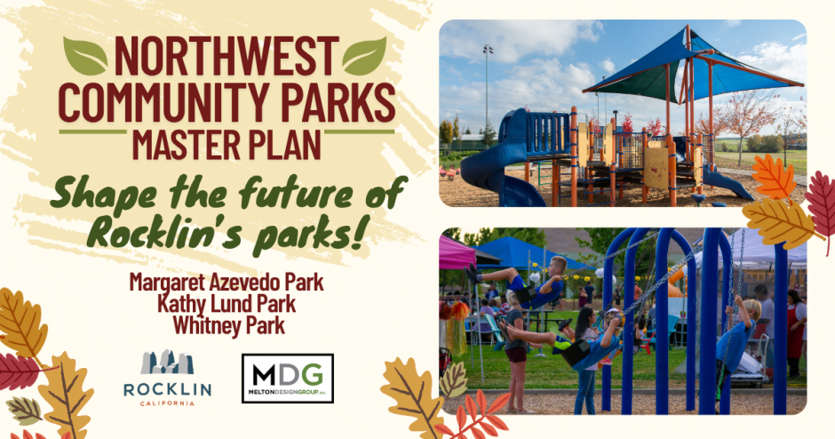 Graphic showing the event title in red against a yellow background reading "Northwest Community Parks Master Plan" with a subheading in green and red, "Shape the future of Rocklin's parks! Margaret Azevedo Park, Kathy Lund Park, and Whitney Park" To the right of the text are two photos: a bright yellow and blue playground in Margaret Azevedo Park and children on swings at Kathy Lund Park.