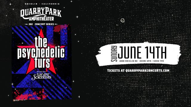 The Psychedelic Furs concert poster featuring bold white text on a black background with blue textured stripes and red geometric star shapes. Large white text reads "the psychedelic furs" with red stars integrated into the design. Below in smaller white text it states "with special guest We Are Scientists" in a script font. The background features distressed blue diagonal stripes and red paint splatters creating a grungy post-punk aesthetic.
