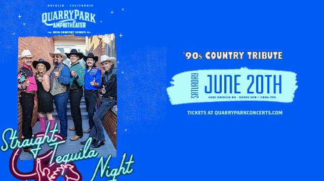 Straight Tequila Night: 90's Country Tribute concert promotional image for Quarry Park Amphitheatre in Rocklin, California. Left side features the band members in '90s country attire including cowboy hats, boots, and western wear, posed against a wooden barn backdrop. The band name "Straight Tequila Night" appears in neon-style script lettering with a red cowboy figure icon. Right side shows "June 20th" in large blue text on a light blue brushstroke banner against a bright blue textured background with white stars. Top displays "Quarry Park Amphitheater 2026 Concert Series" logo in white. Bottom text reads "Tickets at quarryparkconcerts.com" in white.