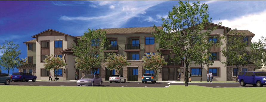 A rendering of one of the apartment buildings in the complex.