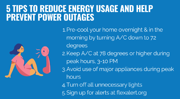 Tips to reduce energy usage: pre-cool your home overnight, keep AC at 78 degrees or higher during peak hours, avoid usage of large appliances during peak hours, turn off unnecessary lights, and sign up for Flex Alerts at flexalerts.org