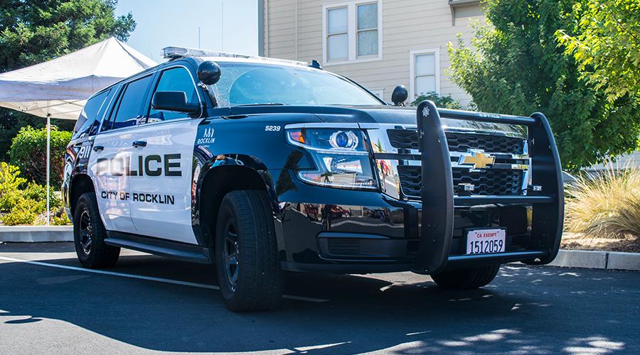 Rocklin Police Department vehicle parked outside Finnish Temperance Hall in Rocklin, CA