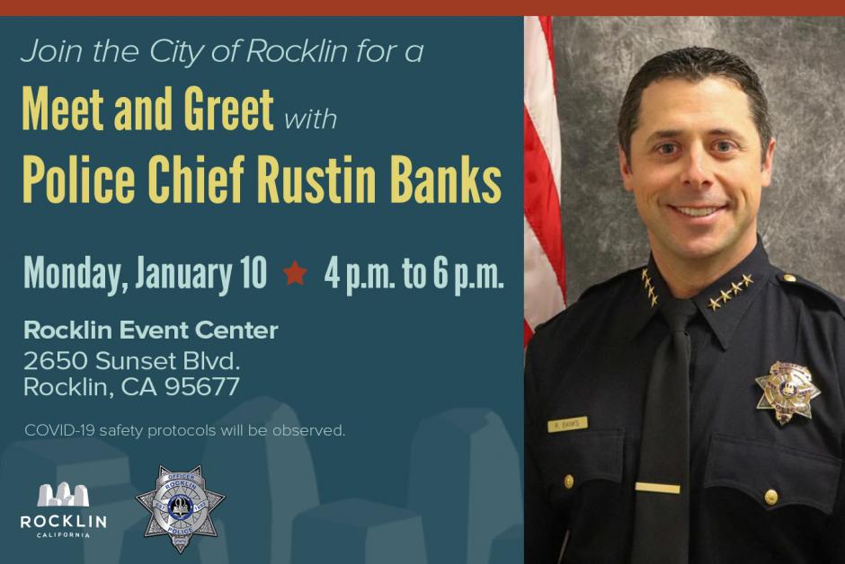 Flyer Inviting the public to a meet and greet with Rocklin Police Chief Rustin Banks on Nov. 10 at the Rocklin Event Center. 