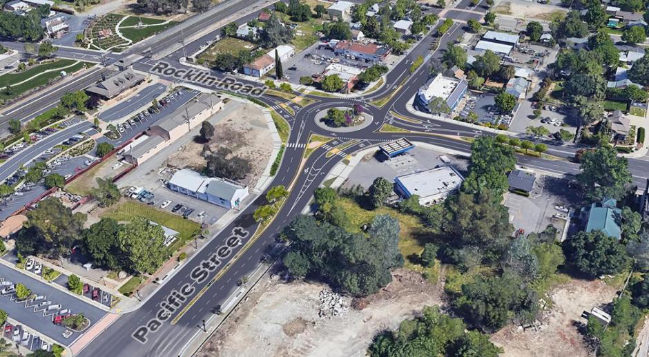 An aerial rendering showing the planned Rocklin Road and Pacific St Roundabout