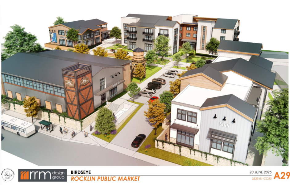Rendering of the proposed Rocklin Public market from a birdseye view showing four buildings that are mixed use for residential shopping and eating