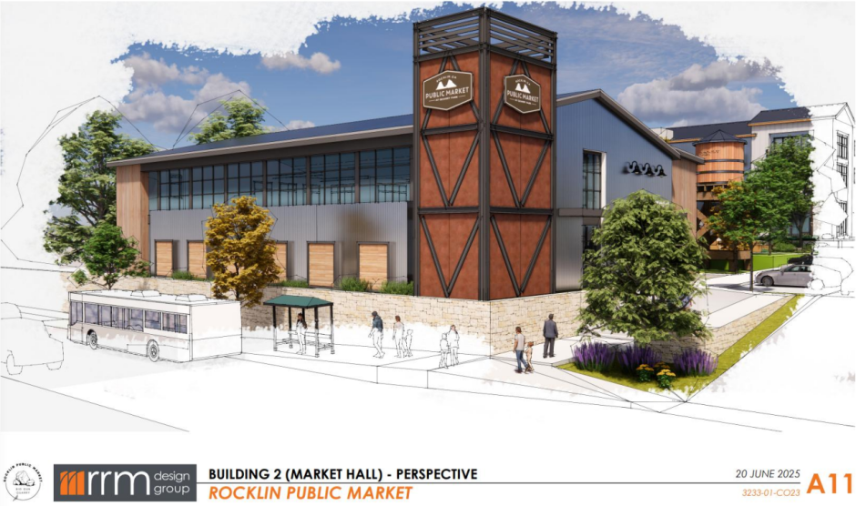Rendering of Rocklin Public Market showing the largest building facing Pacific street