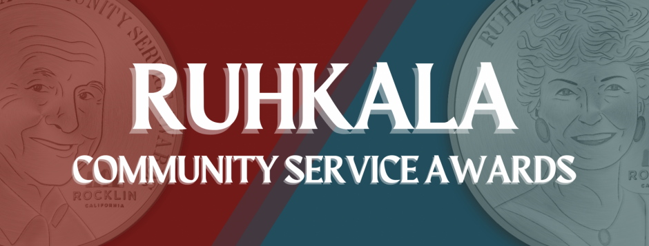 Decorative banner featuring drawings of Roy and Peggy Ruhkala with white text: "Ruhkala Community Service Awards"