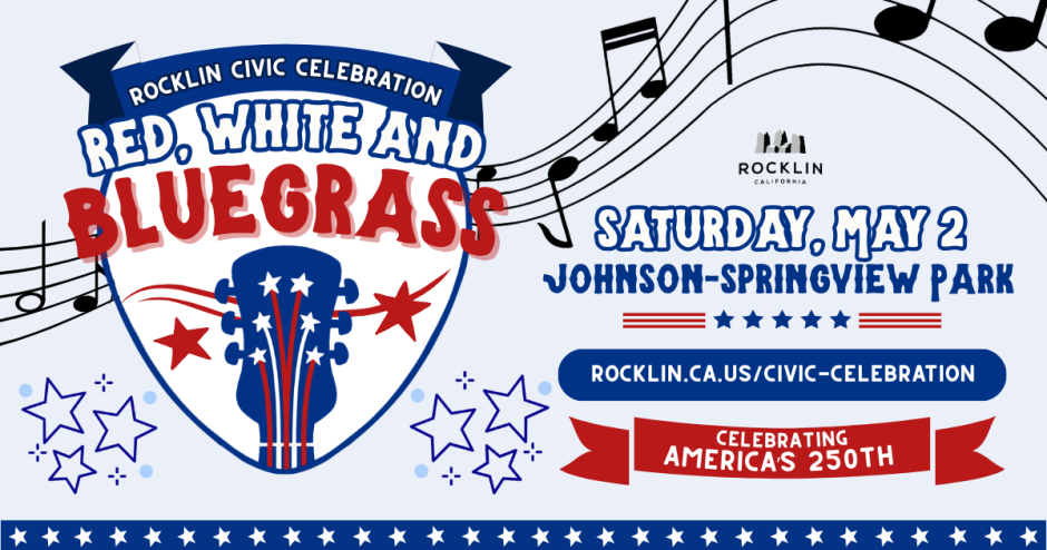 Promotional graphic for the Rocklin Civic Celebration event titled "Red, White and Bluegrass." The design features a patriotic red, white, and blue color scheme on a light blue background. At the top, a dark blue banner reads "Rocklin Civic Celebration." Below it, the event name "Red, White and Bluegrass" is displayed in large, bold lettering with "Red, White and" in blue and "Bluegrass" in red. Centered in the graphic is a shield shape containing a blue guitar headstock decorated with red and white stars and stripes. Surrounding the shield are decorative blue and red stars of varying sizes. Musical notes and staff lines float across the upper left and right corners of the image. Below the shield, the event details read: "Saturday, May 2" and "Johnson-Springview Park" in bold navy text. A decorative row of red, white, and blue stars and stripes separates the date from a dark blue oval button displaying the website address "rocklin.ca.us/civic-celebration." The Rocklin, California city logo appears in the lower right corner.