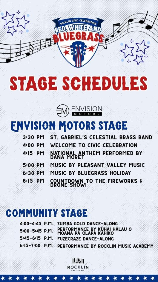 Informational graphic displaying the stage schedules for the Rocklin Civic Celebration: Red, White & Bluegrass on Saturday, May 2, 2026. The graphic features a light blue background with the event's signature branding at the top, including the Rocklin Civic Celebration shield logo with a blue guitar headstock decorated with red and white stars, surrounded by decorative red and blue stars and musical notes. Large bold red lettering reads "Stage Schedules" beneath the logo. The graphic is divided into two stage sections. The first section is headed by the Envision Motors logo, a circular EM monogram with the words "Envision Motors" beside it, followed by the heading "Envision Motors Stage" in bold navy lettering. The schedule listed is as follows: 3:30 p.m., St. Gabriel's Celestial Brass Band; 4:00 p.m., Welcome to Civic Celebration; 4:15 p.m., National Anthem performed by Dana Moret; 5:00 p.m., Music by Pleasant Valley Music; 6:30 p.m., Music by Bluegrass Holiday; 8:15 p.m., Countdown to the Fireworks and Drone Show. The second section is headed "Community Stage" in bold navy lettering. The schedule listed is as follows: 4:00 to 4:45 p.m., Zumba Gold Dance-Along; 5:00 to 5:45 p.m., Performance by Kuhai Halau O Moana Pa Olapa Kahiko; 5:45 to 6:15 p.m., FuzeCraze Dance-Along; 6:15 to 7:00 p.m., Performance by Rocklin Music Academy. The Rocklin, California city logo appears at the bottom center of the graphic, above a decorative patriotic border of red, white, and blue stars.