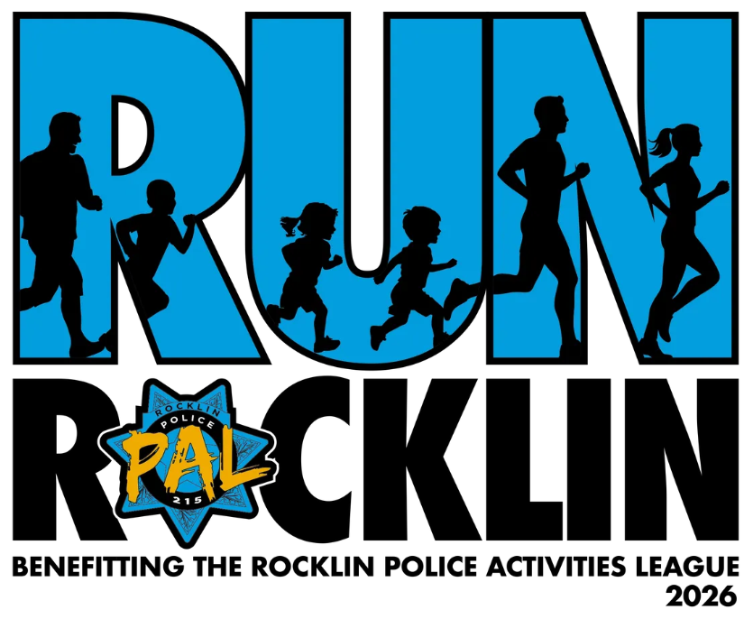 blue lettering saying run and black lettering sying rocklin with people in black silhouette running. RockPAL logo in place of O, stating its benefiting the Rocklin Police Activity league 
