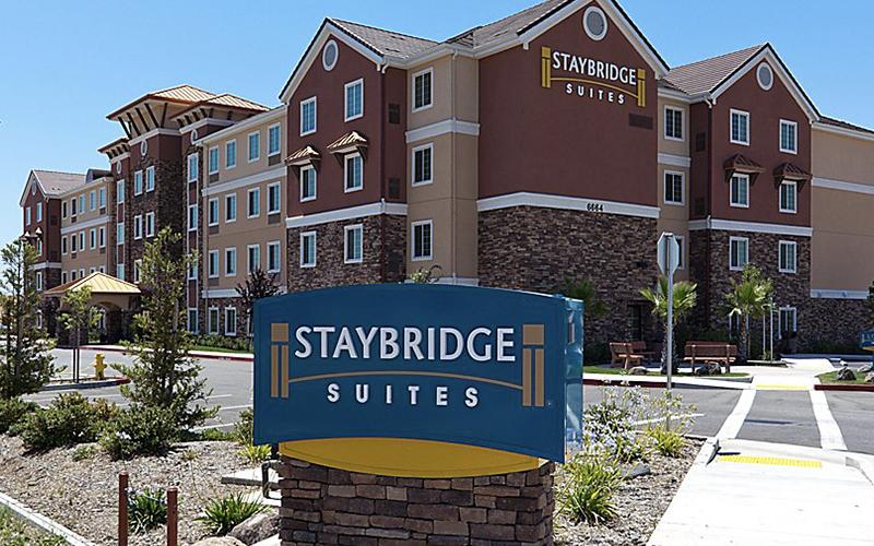 An exterior shot of Staybridge Suites, a three-star hotel located in Rocklin, CA