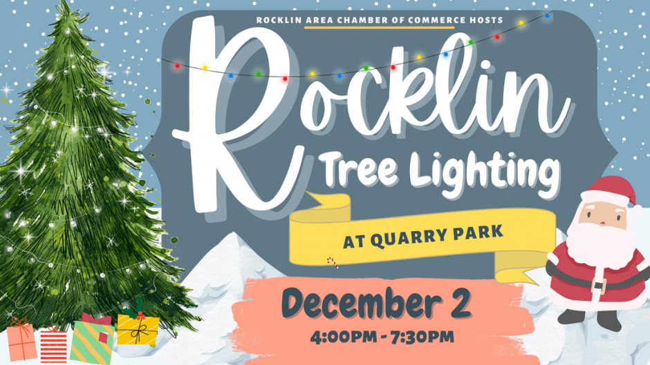 Green christmas tree with lights and gifts around it, Rocklin Tree Lighting at Quarry Park on Decemeber 2 from 4 to 7pm hosted by the rocklin area chamber of commerce. With a small santa on the right side of the image.