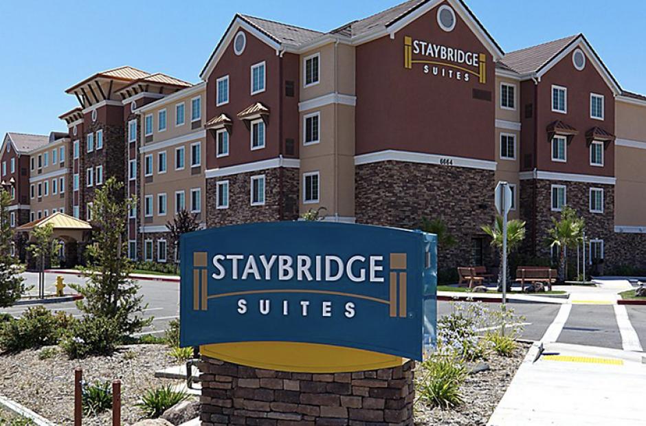 An exterior shot of Staybridge Suites, a three-star hotel located in Rocklin, CA