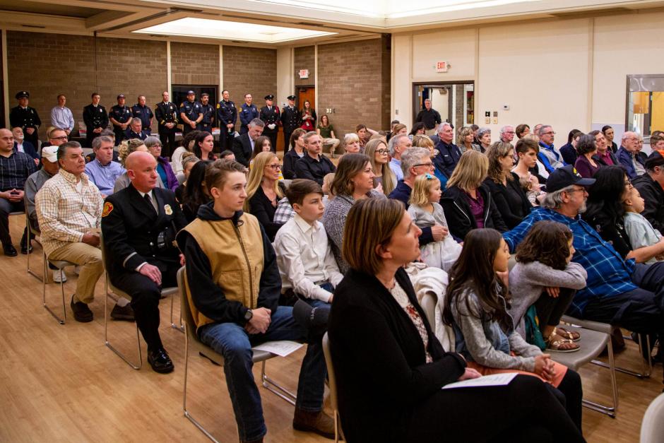 The Johnson-Springview Park Community Center was packed with friends and family to celebrate the promotions and new hires in the Rocklin Fire Department.