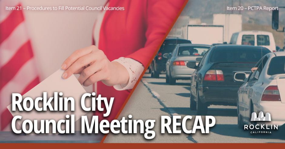 A visual summary of the latest council meeting, showing on one side a woman dropping off a ballot (with the headline "Item 21 – Procedures to Fill Potential Council Vacancies"), and on the other side a view of cars on a freeway with the headline "PCTPA Provides Update on Potential Transportation Funding Measure"