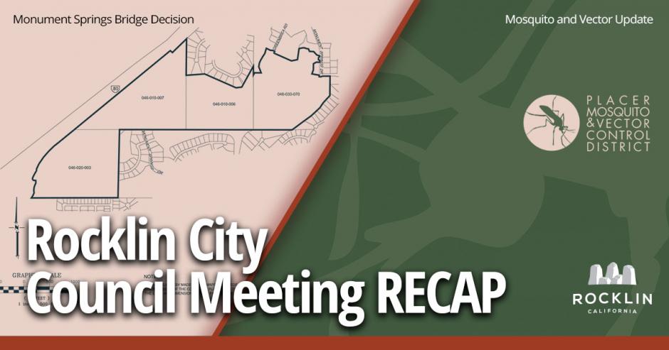 City Council Meeting Recap Graphic showing a Granite Lake Estates map on the right and a mosquito vector control graphic on the left. 