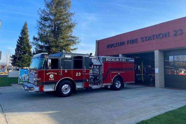 A firetruck located outside Fire Station 23 at 4060 Rocklin Rd. in Rocklin, CA