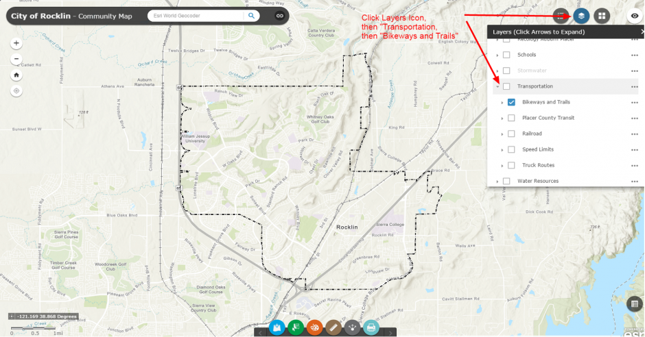 Screen shot of the Community Map showing the Layers button on the upper right and two groups with their visibility turned on: Transportation and Bikeways/Trails