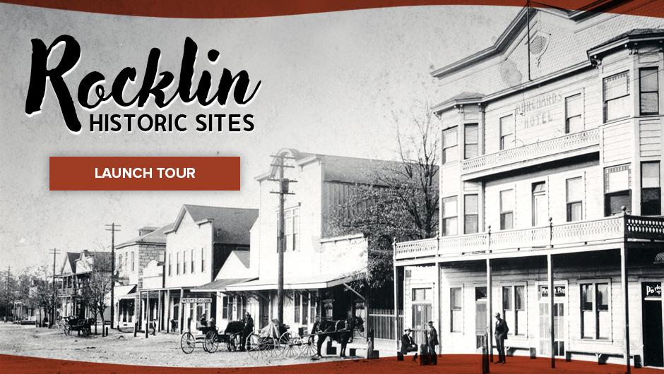 A button to launch the Rocklin historic sites map tour, featuring a black and white image of the old Rocklin downtown