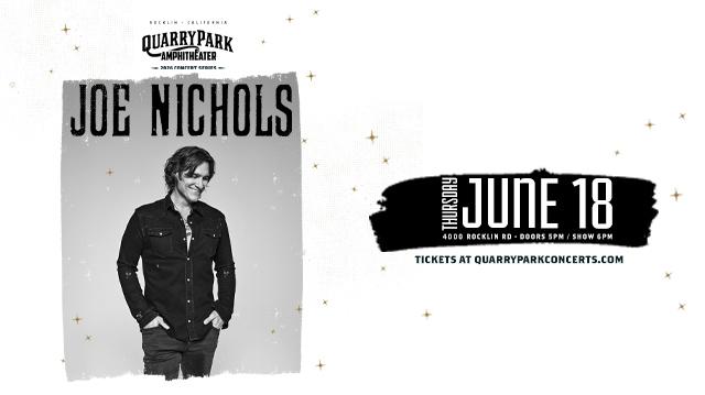Joe Nichols concert poster for Quarry Park Amphitheatre in Rocklin, California featuring a black and white photo of Joe Nichols smiling, wearing a black denim shirt with hands in his pockets, against a gray textured background. Top text reads "Quarry Park Amphitheater 2026 Concert Series" in black with "Rocklin · California" above. Large distressed black text reads "Joe Nichols" across the top of the photo area. Bottom section displays "Thursday June 18" with "Thursday" oriented vertically in white text and "June 18" in large white text on a black brushstroke banner, followed by "4000 Rocklin Rd · Doors 5PM / Show 6PM" in smaller white text. Footer reads "Tickets at quarryparkconcerts.com" in black text against a cream background with scattered gold stars throughout.