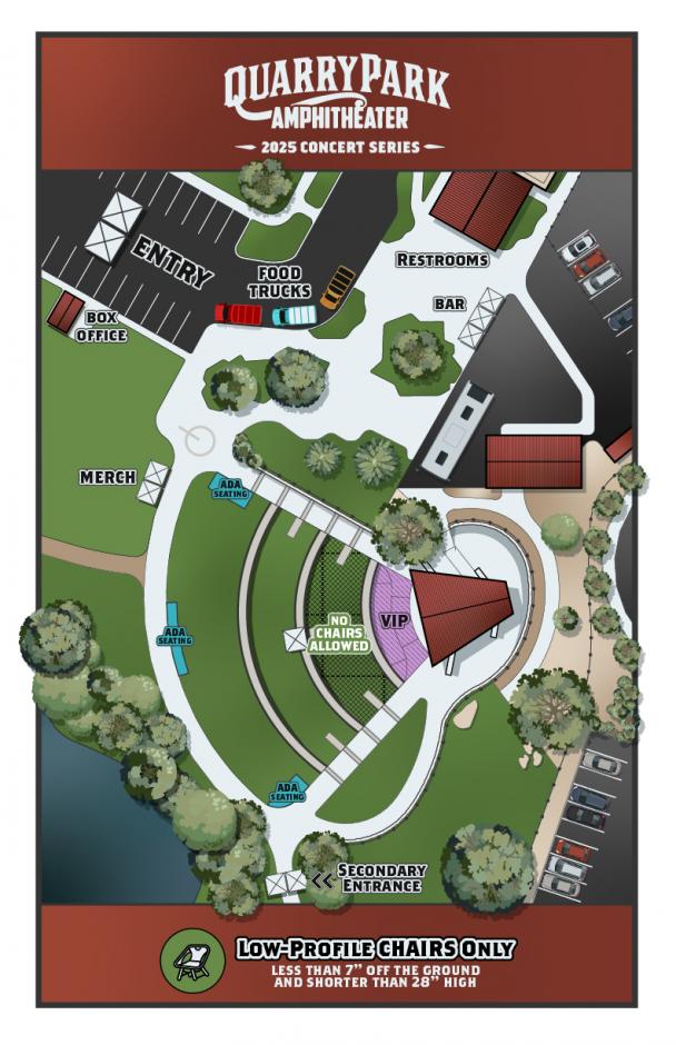 Illustrated overhead map of Quarry Park Amphitheater for concerts. The main entry and box office are located at the upper left of the map, with food trucks just inside the entry area. Restrooms and the bar are shown at the upper right. Merchandise is located along the left side of the venue near the lawn. The stage is positioned on the right side of the amphitheater, facing left toward the seating area. A front-of-stage section closest to the stage is labeled “no chairs allowed.” Tiered lawn seating fills the center of the map, with multiple ADA seating areas marked along the curved pathways on both sides of the lawn. A secondary entrance is shown at the bottom of the map. The graphic also notes that only low-profile chairs are permitted, defined as less than 7 inches off the ground and shorter than 28 inches high.