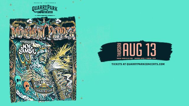 The Movement and Pepper concert promotional image for Quarry Park Amphitheatre in Rocklin, California. Left side features a vibrant concert poster with intricate illustrated artwork in teal, orange, and yellow showing a surreal landscape with skull imagery, lightning bolts, and tropical elements. Band names "The Movement" and "Pepper" appear in stylized lettering, with "Joe Samba," "High Tide," and "Hepcat" also listed. Right side displays "Thursday Aug 13" with "Thursday" oriented vertically in coral text and "Aug 13" in larger coral text on a dark brushstroke banner against a bright turquoise background. Top shows "Quarry Park Amphitheater" logo in white with "Rocklin · California" above it. Bottom text reads "Tickets at quarryparkconcerts.com" in white.