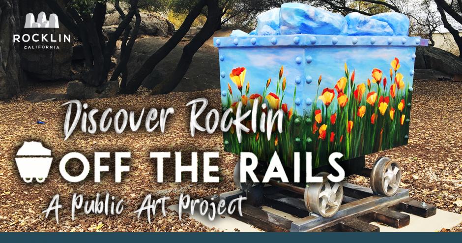 A sculpture of a mining cart, painted with poppies and a blue sky, one of the several art carts installed in Rocklin, CA