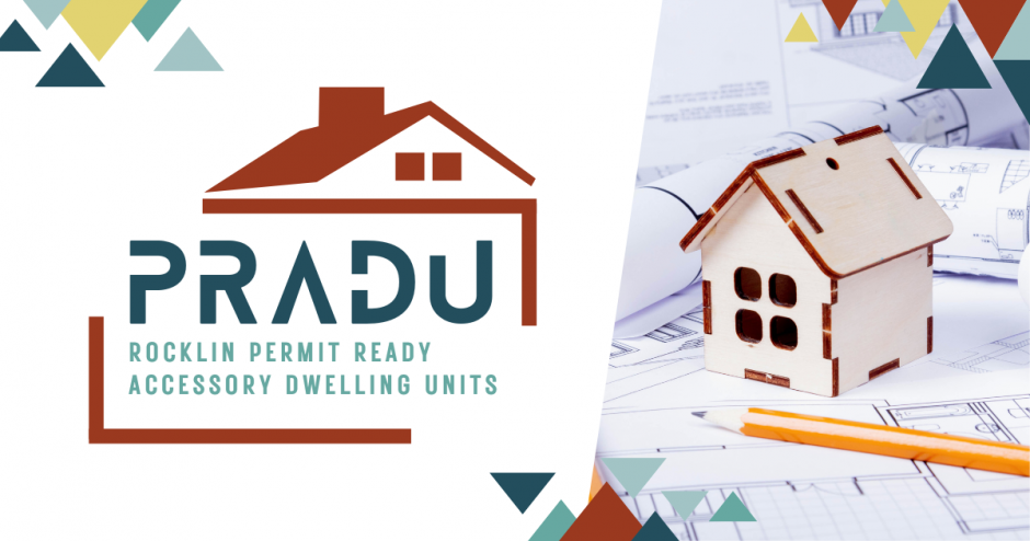 Logo header for Rocklin's Permit Ready Accessory Dwelling Unit. A graphic stylized house with the words PRADU under it.
