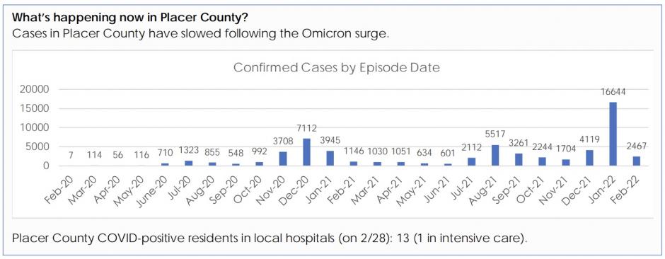 A bar graph showing COVID cases since February 2020: There were 2467 cases in February 2022, compared to 16,644 at the height of the Omicron surge in January 2022.