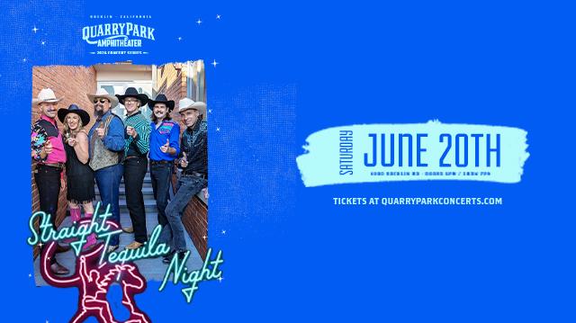Straight Tequila Night: 90's Country Tribute concert promotional image for Quarry Park Amphitheatre in Rocklin, California. Left side features the band members in '90s country attire including cowboy hats, boots, and western wear, posed against a wooden barn backdrop. The band name "Straight Tequila Night" appears in neon-style script lettering with a red cowboy figure icon. Right side shows "June 20th" in large blue text on a light blue brushstroke banner against a bright blue textured background with white stars. Top displays "Quarry Park Amphitheater 2026 Concert Series" logo in white. Bottom text reads "Tickets at quarryparkconcerts.com" in white.
