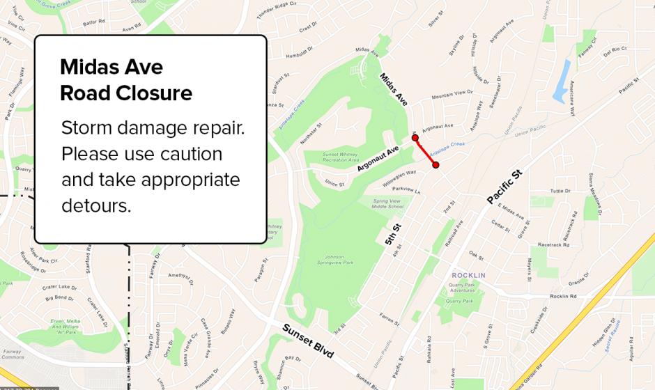 Map depicting in red the road area between Argonaut Ave and 5th St along Midas Ave that is currently closed to traffic.