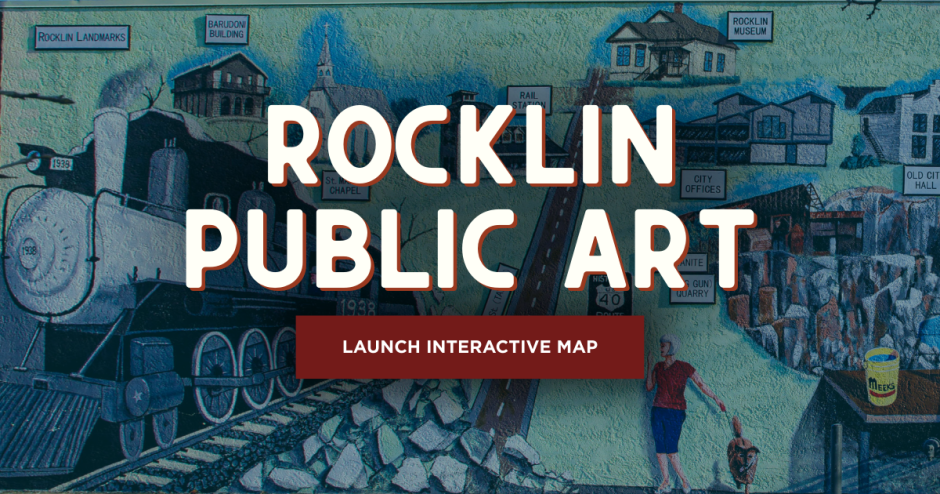 Photo of the mural on Rocklin Road and Sunset Blvd with text in front reading, "Rocklin Public Art" and a button which reads "Launch interactive map"