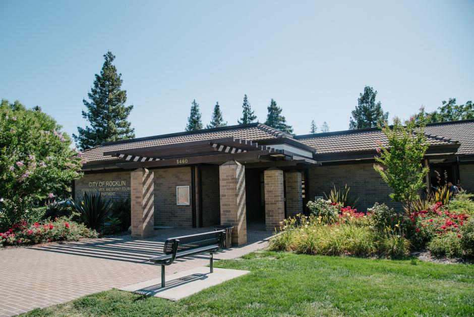 An exterior shot of the Rocklin Parks and Recreation Department office at 5460 5th Street.