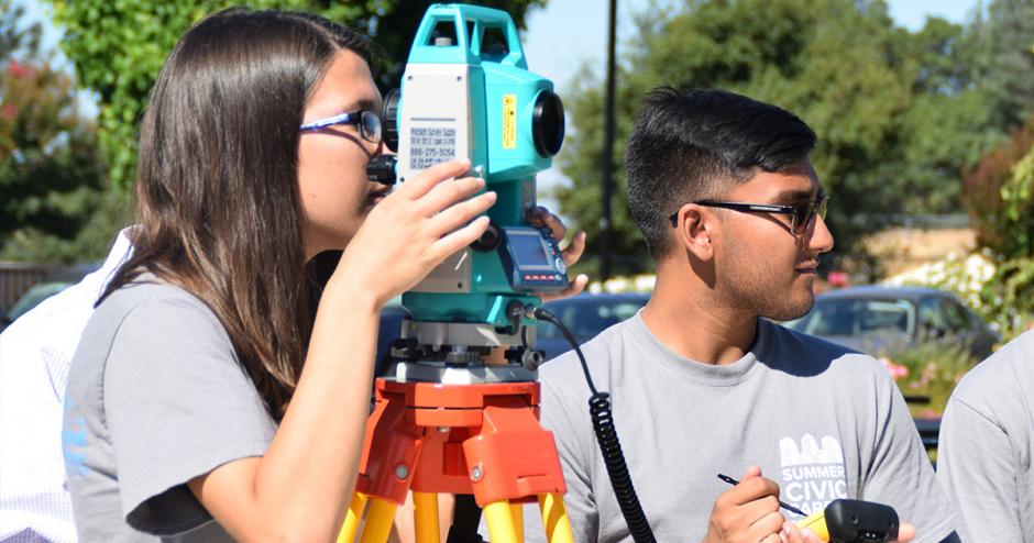 Rocklin students use surveying equipment as part of the Rocklin Summer Civic Career Program.