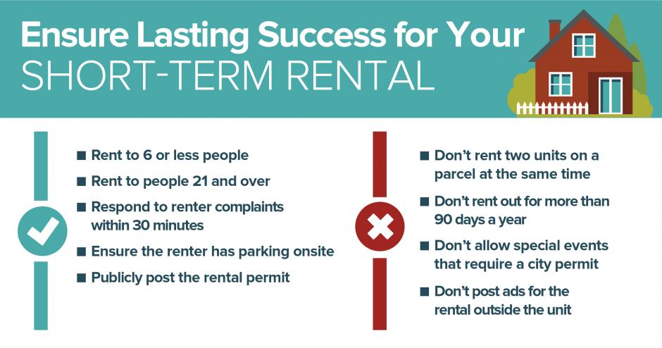 A clipart illustration of a house against a cyan background with the headline: Ensure Lasting Success for Your Short-Term Rental.” Below the headline is a blue check mark next to 5 positive tips for successful rentals: Rent to 6 or less people, Rent to people 21 and over, Respond to renter complaints within 30 minutes, Ensure the renter has parking onsite, and Publicly post the rental permit. To the right of this list is a red X mark with 4 warnings: Don’t rent two units on a parcel at the same time, Don’t rent out for more than 90 days a year, Don’t allow special events that require a city permit, and Don’t post ads for the rental outside the unit.